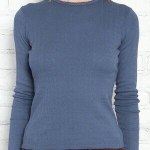 Brandy Melville Leah Scallop Eyelet Top Long Sleeve Pointelle Dark Blue Shirt